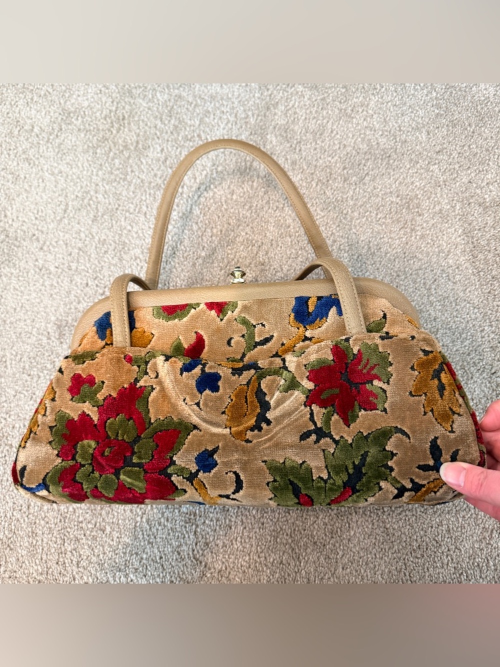 Beige Floral Velvet Top-Handle Satchel with Multicolor Embroidery